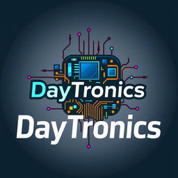 A modern logo design for 'DayTronics' featuring a creative integration of electronic components such as microchips, circuit patterns, and a vibrant color scheme