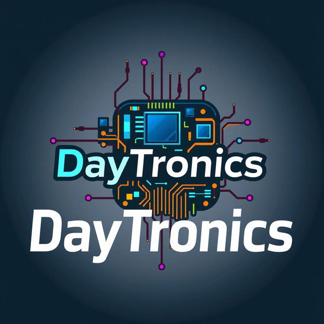 A modern logo design for 'DayTronics' featuring a creative integration of electronic components such as microchips, circuit patterns, and a vibrant color scheme