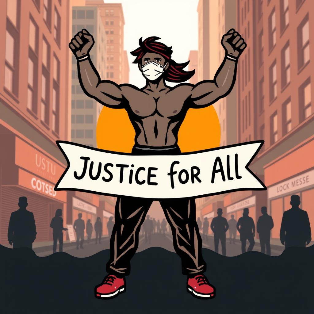 A powerful symbol representing a human figure advocating for social justice during the pandemic, depicted in a dynamic pose, wearing a mask in solidarity, holding a banner that reads 'Justice for All'