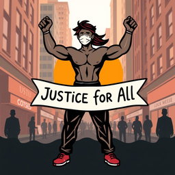 A powerful symbol representing a human figure advocating for social justice during the pandemic, depicted in a dynamic pose, wearing a mask in solidarity, holding a banner that reads 'Justice for All'
