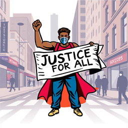 A powerful symbol representing a human figure advocating for social justice during the pandemic, depicted in a dynamic pose, wearing a mask in solidarity, holding a banner that reads 'Justice for All'