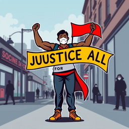 A powerful symbol representing a human figure advocating for social justice during the pandemic, depicted in a dynamic pose, wearing a mask in solidarity, holding a banner that reads 'Justice for All'