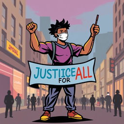 A powerful symbol representing a human figure advocating for social justice during the pandemic, depicted in a dynamic pose, wearing a mask in solidarity, holding a banner that reads 'Justice for All'