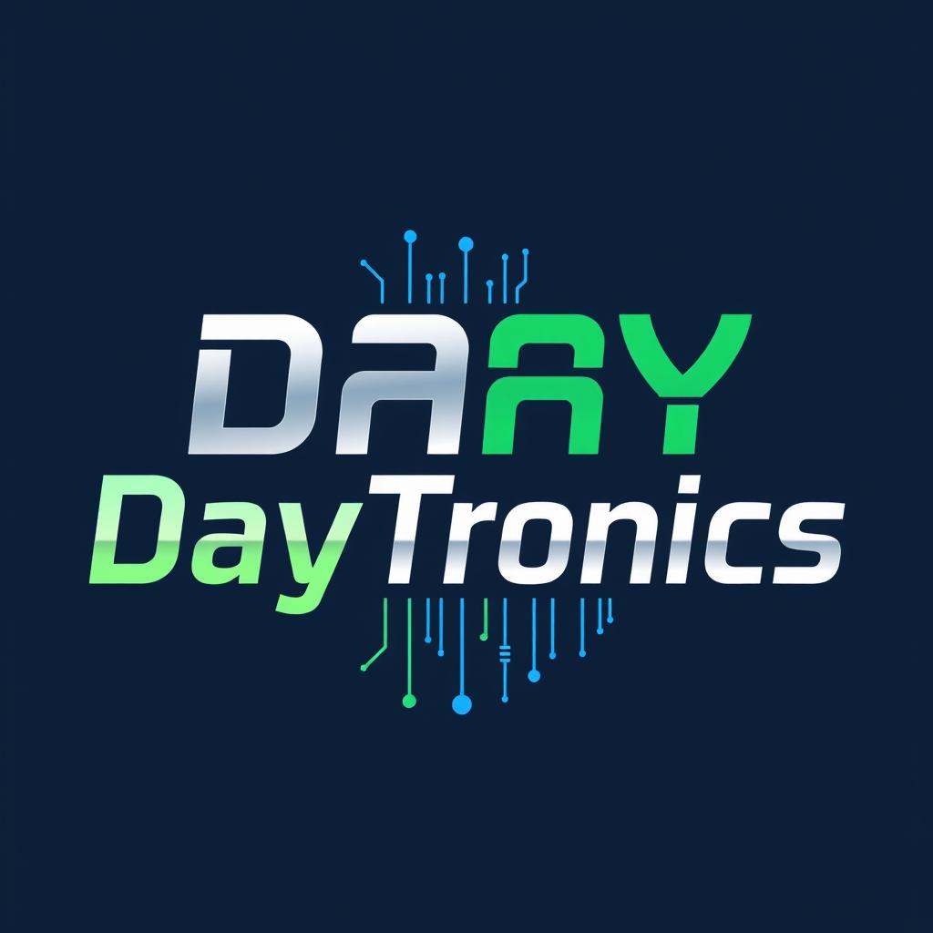 A modern logo design for 'DayTronics' that creatively incorporates electronic components like microchips, resistors, and circuit board patterns