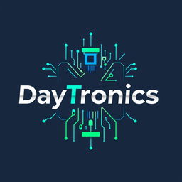 A modern logo design for 'DayTronics' that creatively incorporates electronic components like microchips, resistors, and circuit board patterns