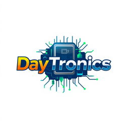 A modern logo design for 'DayTronics' that creatively incorporates electronic components like microchips, resistors, and circuit board patterns