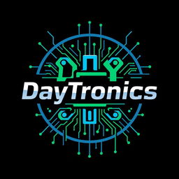 A modern logo design for 'DayTronics' that creatively incorporates electronic components like microchips, resistors, and circuit board patterns
