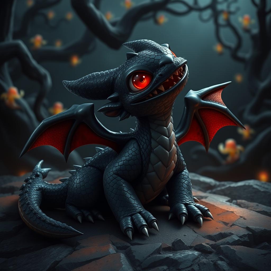 A black dragon wyrmling, an adorable yet fierce creature, with shiny, scaled skin and glowing red eyes, sitting on a rocky surface