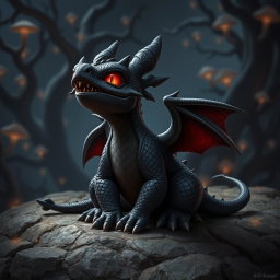 A black dragon wyrmling, an adorable yet fierce creature, with shiny, scaled skin and glowing red eyes, sitting on a rocky surface