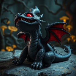 A black dragon wyrmling, an adorable yet fierce creature, with shiny, scaled skin and glowing red eyes, sitting on a rocky surface