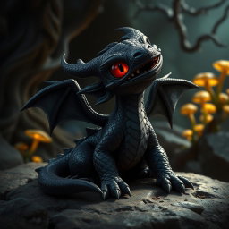 A black dragon wyrmling, an adorable yet fierce creature, with shiny, scaled skin and glowing red eyes, sitting on a rocky surface