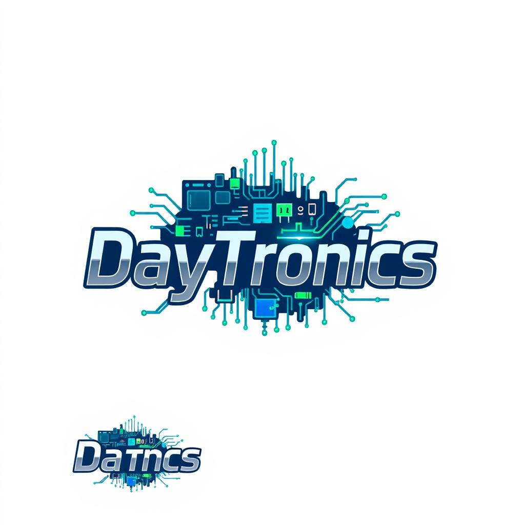 A striking logo design for 'DayTronics' that creatively showcases electronic components such as circuit boards, microchips, and resistors