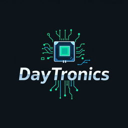 A creative logo design for 'DayTronics' that prominently features electronic components like circuit boards, microchips, and transistors