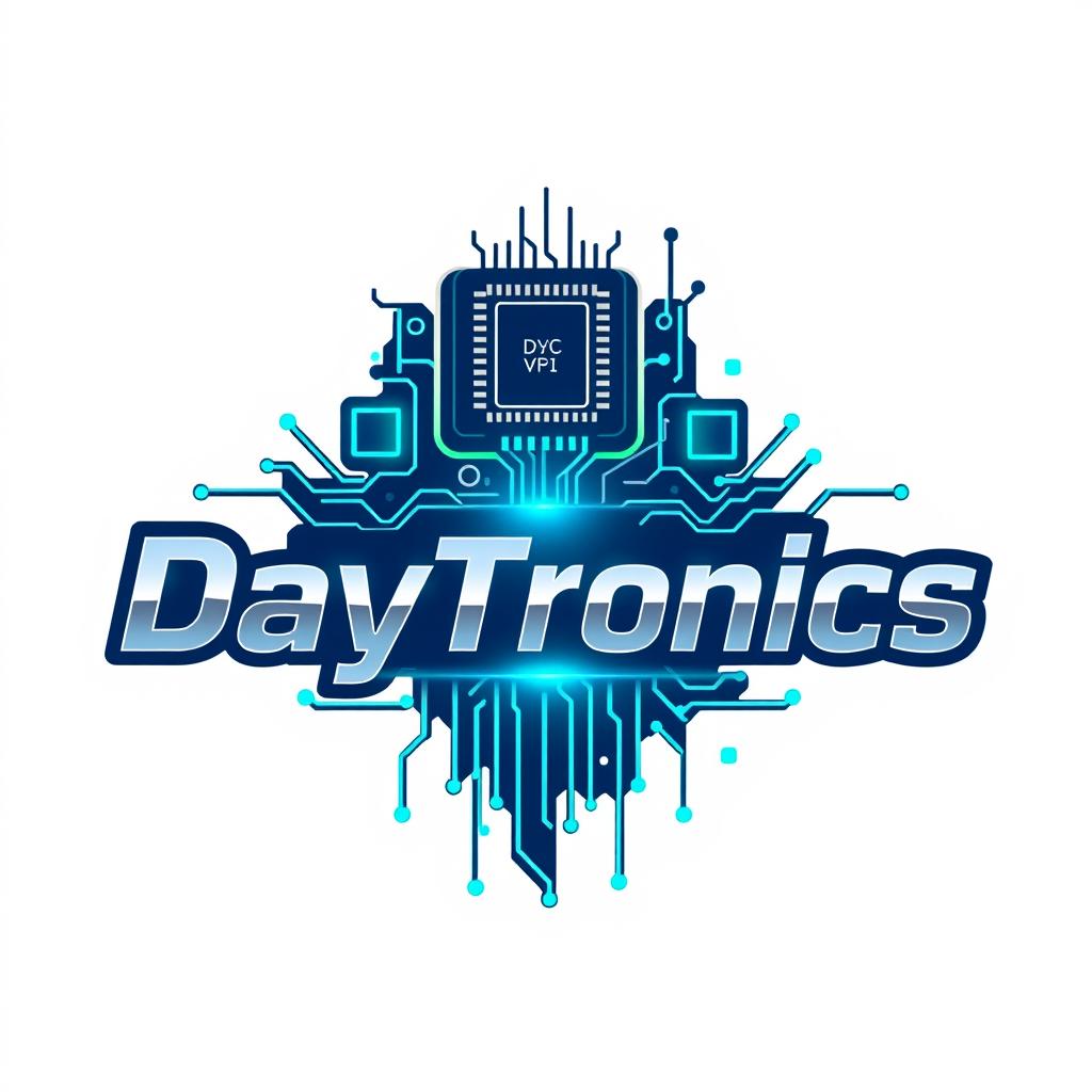 A creative logo design for 'DayTronics' that prominently features electronic components like circuit boards, microchips, and transistors