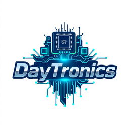 A creative logo design for 'DayTronics' that prominently features electronic components like circuit boards, microchips, and transistors