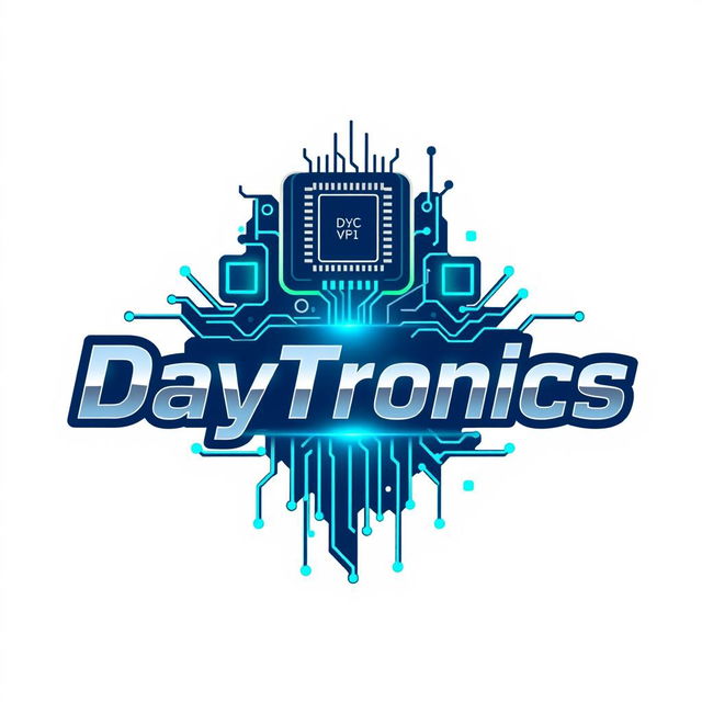 A creative logo design for 'DayTronics' that prominently features electronic components like circuit boards, microchips, and transistors