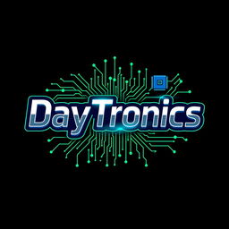 A creative logo design for 'DayTronics' that prominently features electronic components like circuit boards, microchips, and transistors