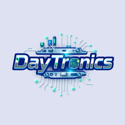 A visually striking logo for 'DayTronics' that creatively incorporates various electronic components like microcontrollers, capacitors, and circuit patterns