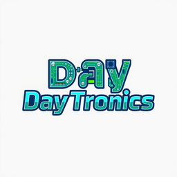 A visually striking logo for 'DayTronics' that creatively incorporates various electronic components like microcontrollers, capacitors, and circuit patterns