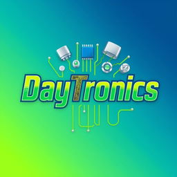 A visually striking logo for 'DayTronics' that creatively incorporates various electronic components like microcontrollers, capacitors, and circuit patterns