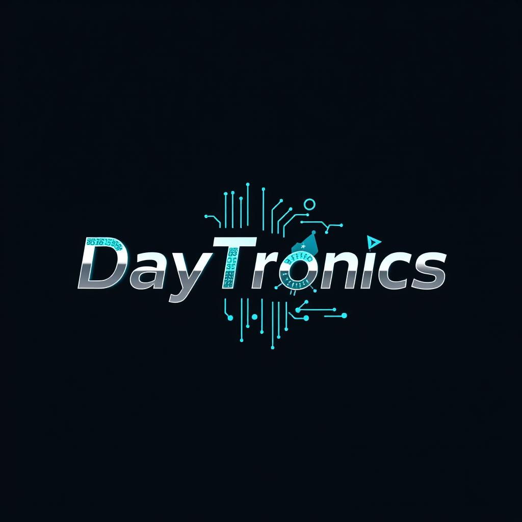 A visually striking logo for 'DayTronics' that creatively incorporates various electronic components like microcontrollers, capacitors, and circuit patterns