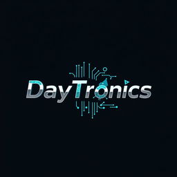 A visually striking logo for 'DayTronics' that creatively incorporates various electronic components like microcontrollers, capacitors, and circuit patterns