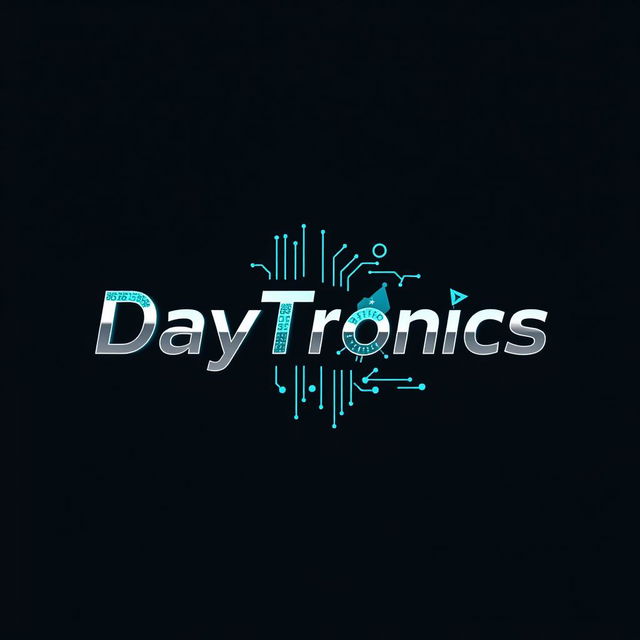 A visually striking logo for 'DayTronics' that creatively incorporates various electronic components like microcontrollers, capacitors, and circuit patterns