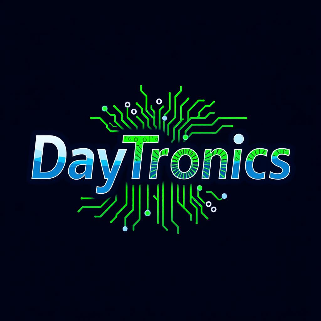 A captivating logo for 'DayTronics' that emphasizes a theme of electronic components, featuring elements like circuit boards, microcontrollers, and resistors