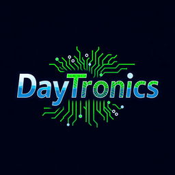 A captivating logo for 'DayTronics' that emphasizes a theme of electronic components, featuring elements like circuit boards, microcontrollers, and resistors