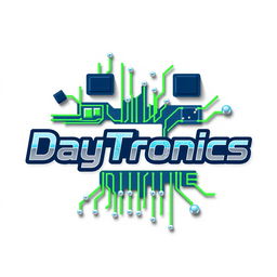 A captivating logo for 'DayTronics' that emphasizes a theme of electronic components, featuring elements like circuit boards, microcontrollers, and resistors