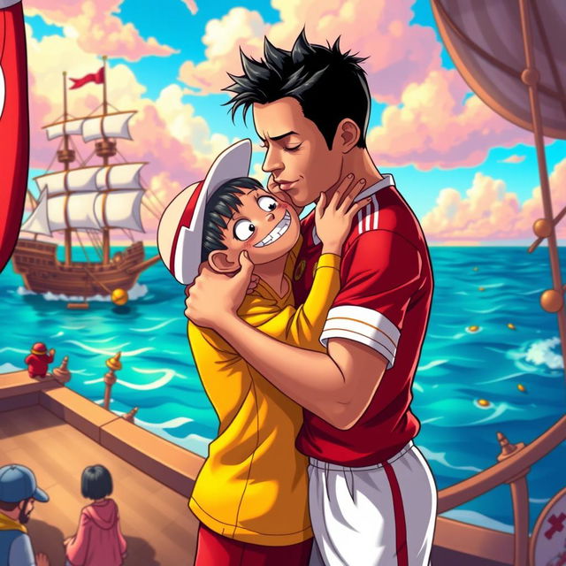 A stylized scene depicting Cristiano Ronaldo sharing a passionate kiss with a character inspired by One Piece
