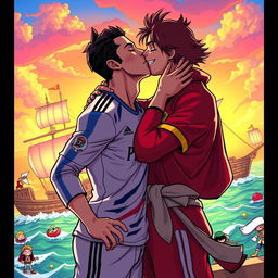 A stylized scene depicting Cristiano Ronaldo sharing a passionate kiss with a character inspired by One Piece
