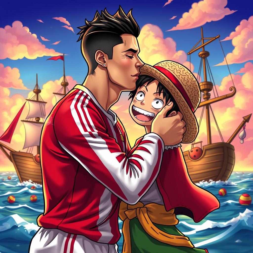 A stylized scene depicting Cristiano Ronaldo sharing a passionate kiss with a character inspired by One Piece
