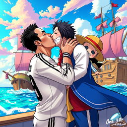 A stylized scene depicting Cristiano Ronaldo sharing a passionate kiss with a character inspired by One Piece