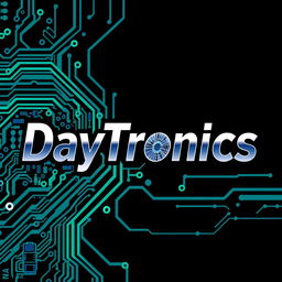 An innovative logo for 'DayTronics' that highlights a theme of electronic components, featuring vivid depictions of circuit boards, microchips, and resistors