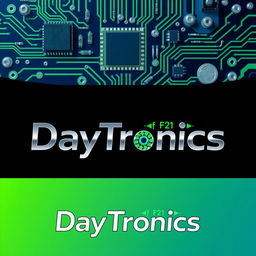 An innovative logo for 'DayTronics' that highlights a theme of electronic components, featuring vivid depictions of circuit boards, microchips, and resistors