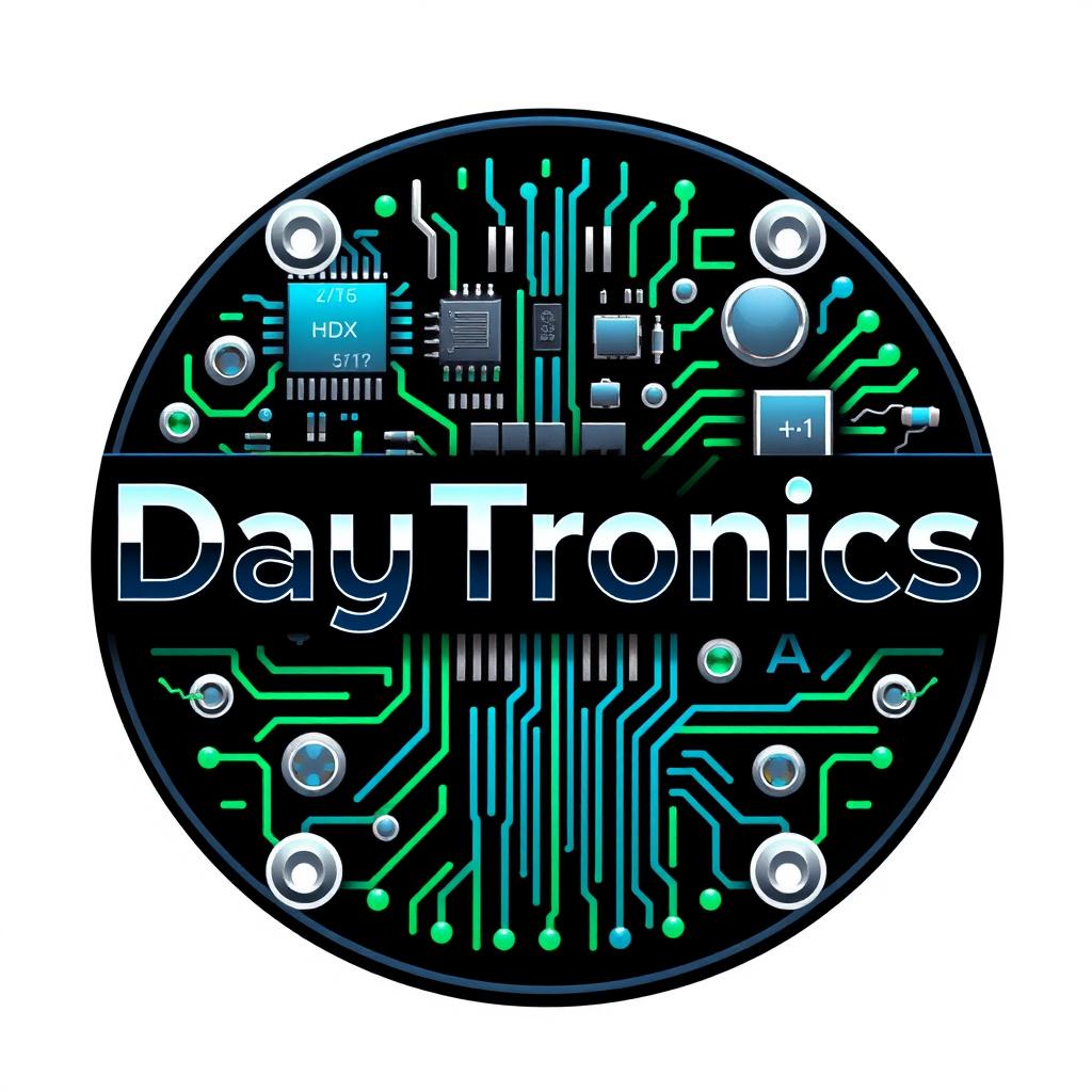 An innovative logo for 'DayTronics' that highlights a theme of electronic components, featuring vivid depictions of circuit boards, microchips, and resistors