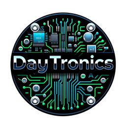 An innovative logo for 'DayTronics' that highlights a theme of electronic components, featuring vivid depictions of circuit boards, microchips, and resistors