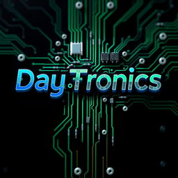 An innovative logo for 'DayTronics' that highlights a theme of electronic components, featuring vivid depictions of circuit boards, microchips, and resistors