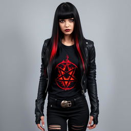 A young woman with long, straight, jet-black hair adorned with vibrant red streaks
