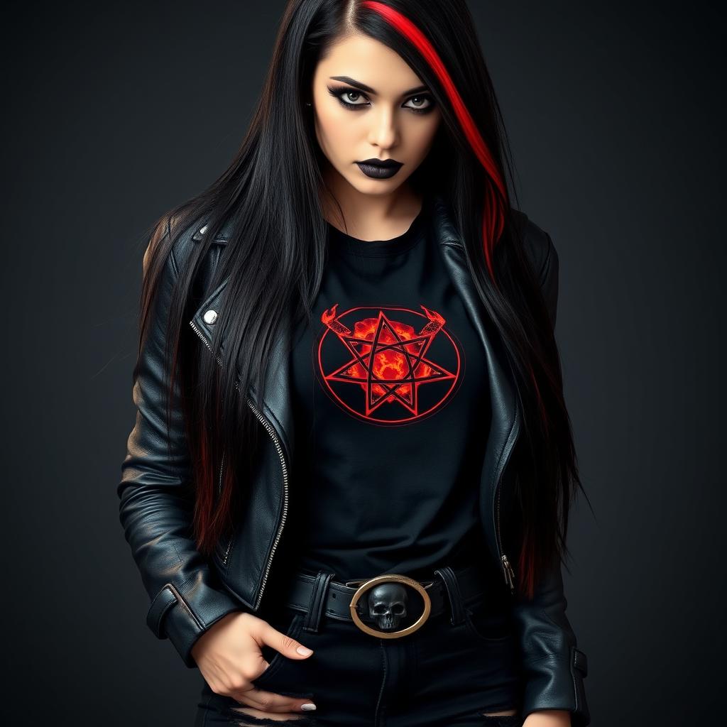 A young woman with long, straight, jet-black hair adorned with vibrant red streaks