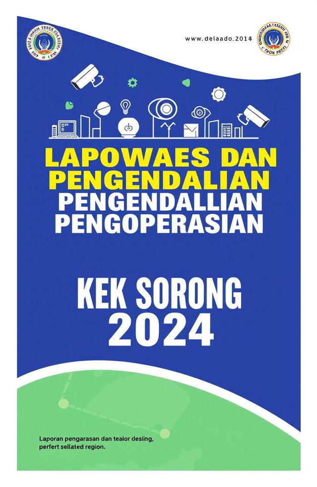 A detailed report cover design for the "LAPORAN PENGAWASAN DAN PENGENDALIAN PENGOPERASIAN KEK SORONG 2024"