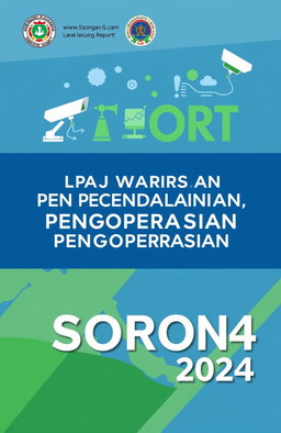 A detailed report cover design for the "LAPORAN PENGAWASAN DAN PENGENDALIAN PENGOPERASIAN KEK SORONG 2024"