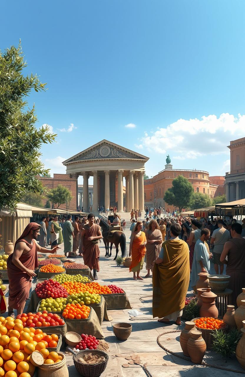 An artistically rendered historical scene featuring a bustling marketplace in ancient Rome