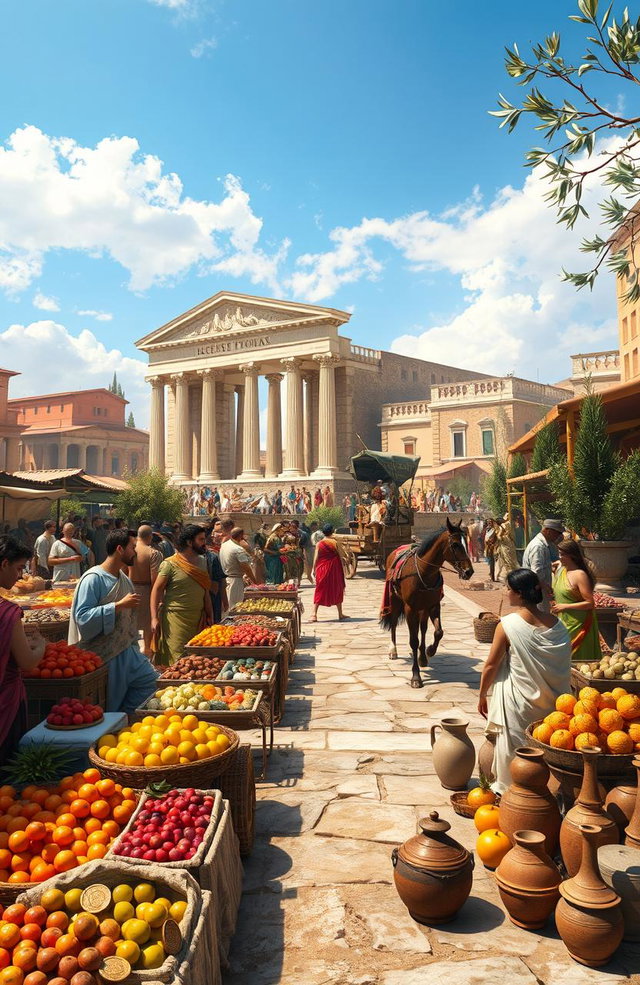 An artistically rendered historical scene featuring a bustling marketplace in ancient Rome