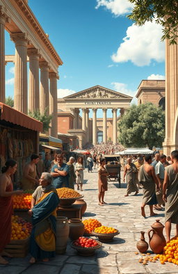An artistically rendered historical scene featuring a bustling marketplace in ancient Rome