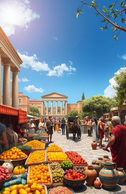 An artistically rendered historical scene featuring a bustling marketplace in ancient Rome