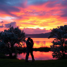 A serene landscape showcasing a breathtaking sunset over a tranquil lake, with vibrant colors of orange, pink, and purple reflecting on the water's surface