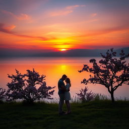 A serene landscape showcasing a breathtaking sunset over a tranquil lake, with vibrant colors of orange, pink, and purple reflecting on the water's surface