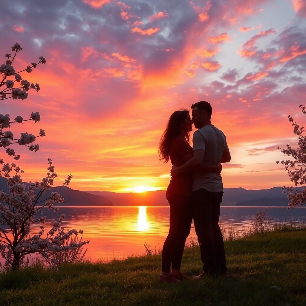 A serene landscape showcasing a breathtaking sunset over a tranquil lake, with vibrant colors of orange, pink, and purple reflecting on the water's surface